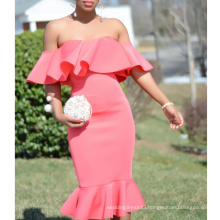 Sexy Off The Shoulder Club Wear Hot Pink Ruffle Ladies Trumpet Dress Cocktail Party